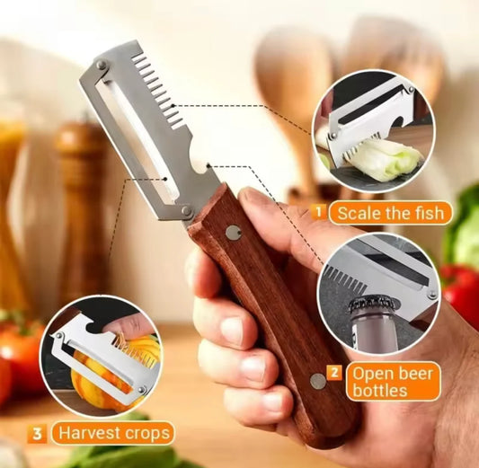 3-in-1 Stainless Steel Peeler Knife with Wooden Handle