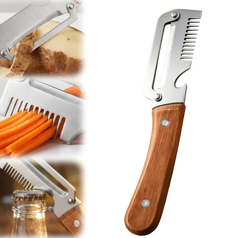3-in-1 Stainless Steel Peeler Knife with Wooden Handle