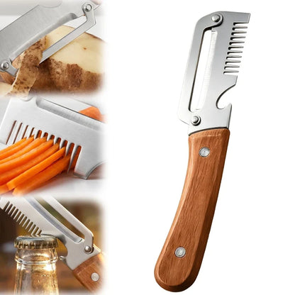 3-in-1 Stainless Steel Peeler Knife with Wooden Handle